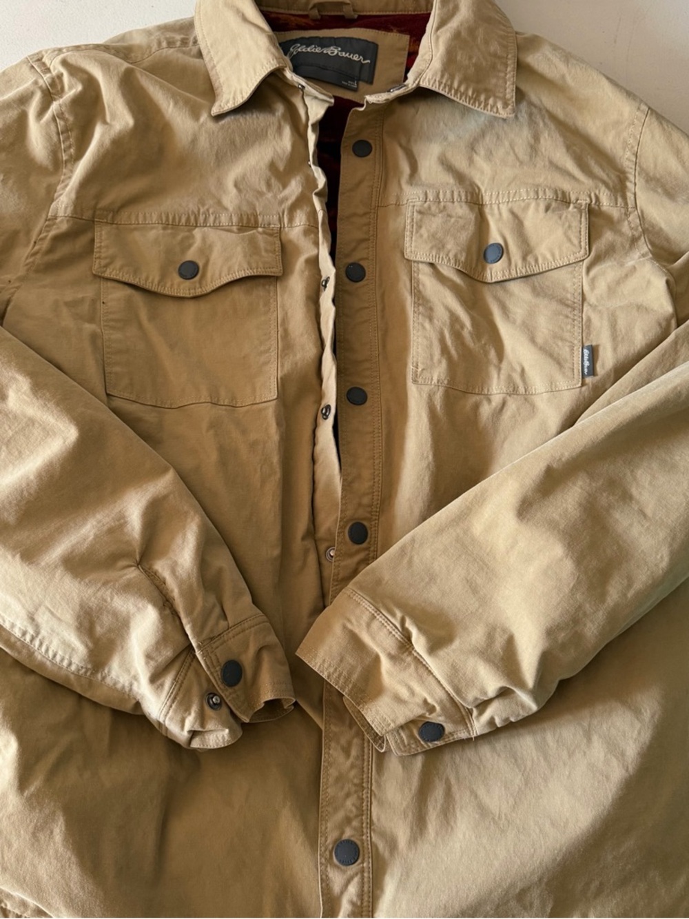 Eddie Bauer Fleece Lined Jacket Tan Button Up Shirt Jacket Mens L